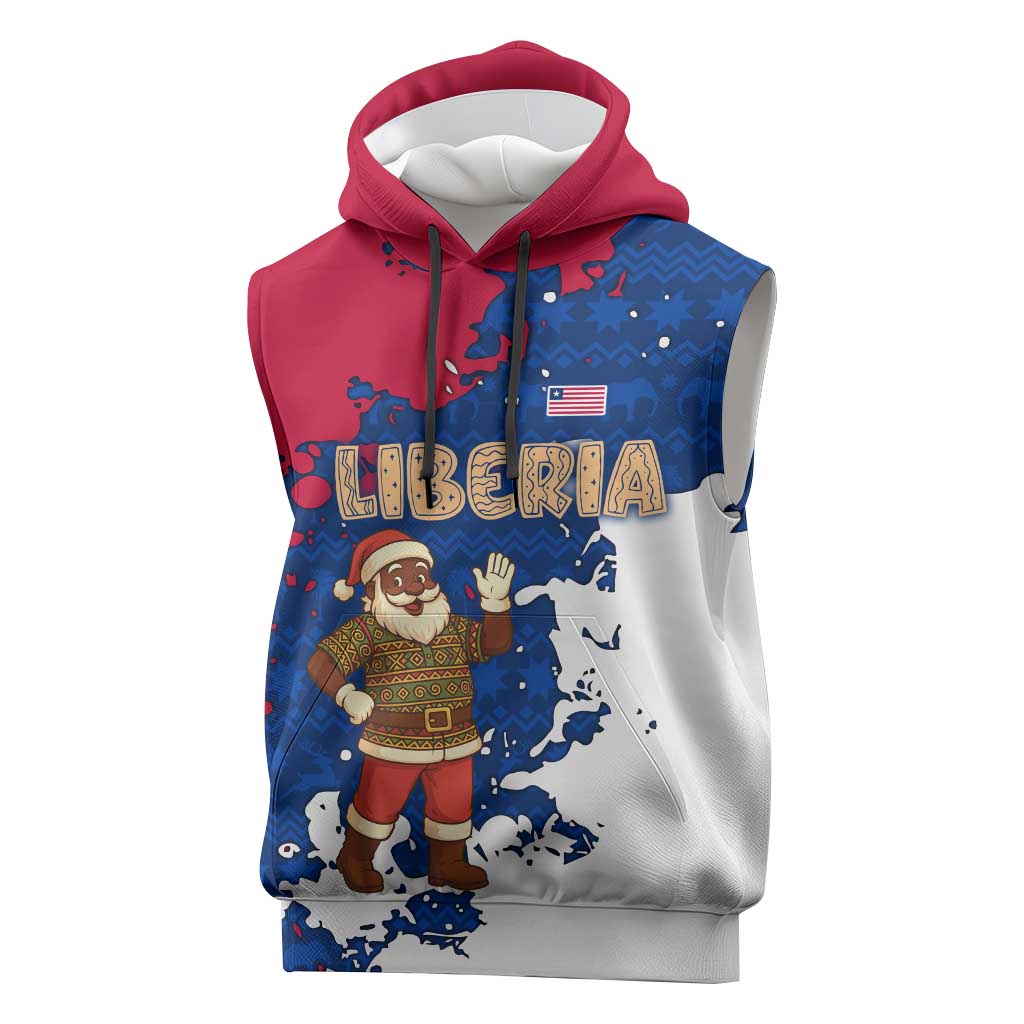 Liberia Christmas Sleeveless Hoodie Santa Claus Map Graphic and Red Blue Festive - African Pride