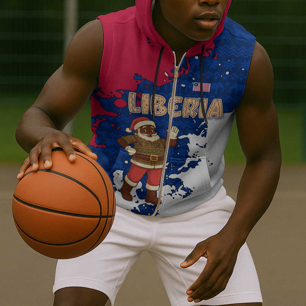Liberia Christmas Sleeveless Zip Hoodie Santa Claus Map Graphic and Red Blue Festive - African Pride