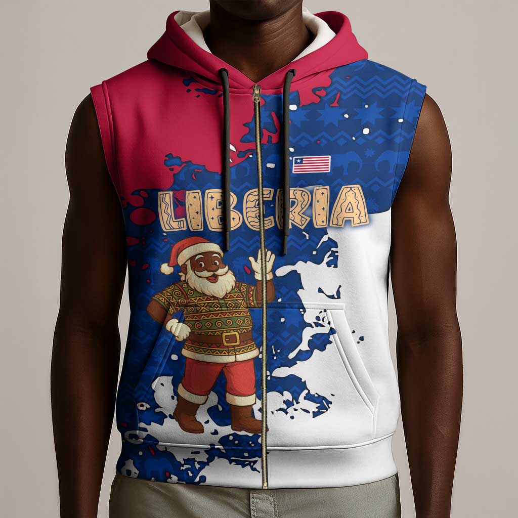 Liberia Christmas Sleeveless Zip Hoodie Santa Claus Map Graphic and Red Blue Festive - African Pride