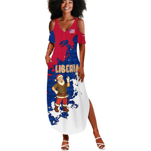 Liberia Christmas Summer Maxi Dress Santa Claus Map Graphic and Red Blue Festive - African Pride