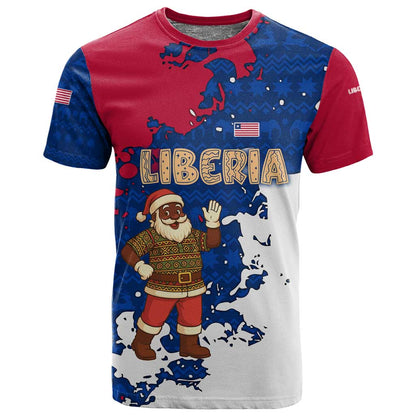 Liberia Christmas T shirt Santa Claus Map Graphic and Red Blue Festive - African Pride