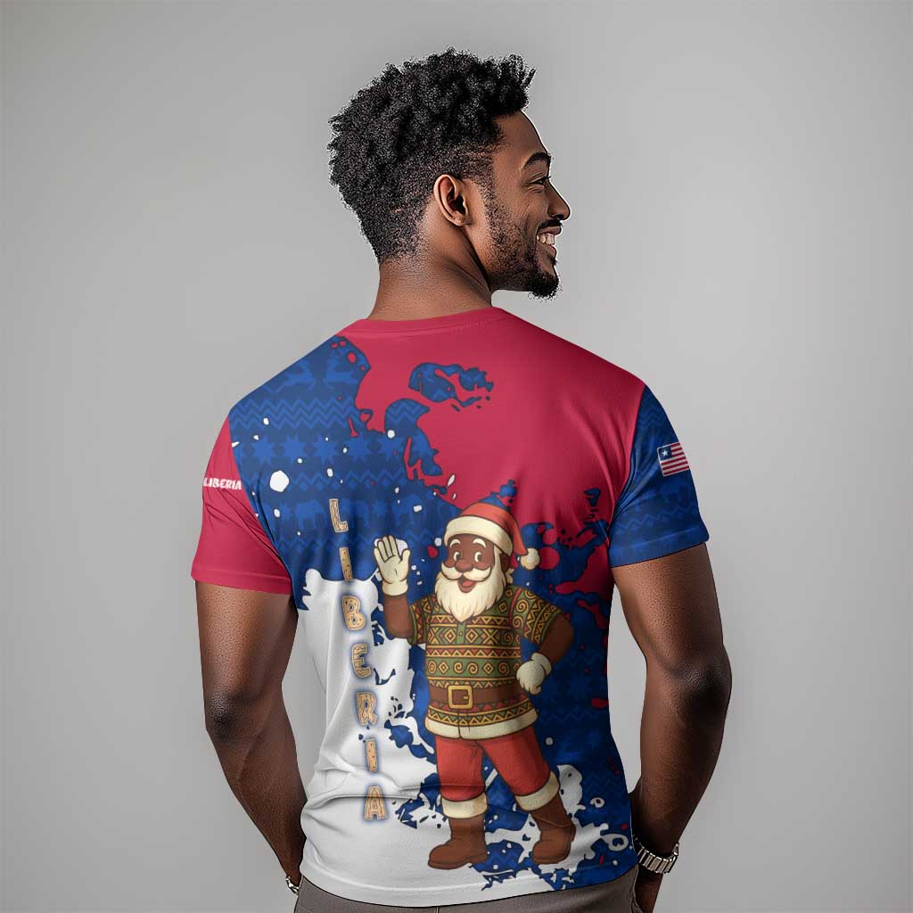 Liberia Christmas T shirt Santa Claus Map Graphic and Red Blue Festive - African Pride