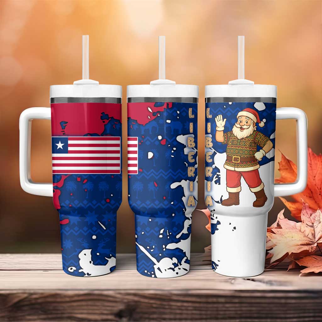 Liberia Christmas Tumbler With Handle Santa Claus Map Graphic and Red Blue Festive - African Pride