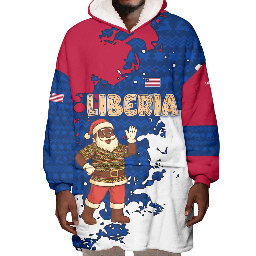 Liberia Christmas Wearable Blanket Hoodie Santa Claus Map Graphic and Red Blue Festive - African Pride