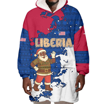 Liberia Christmas Wearable Blanket Hoodie Santa Claus Map Graphic and Red Blue Festive - African Pride
