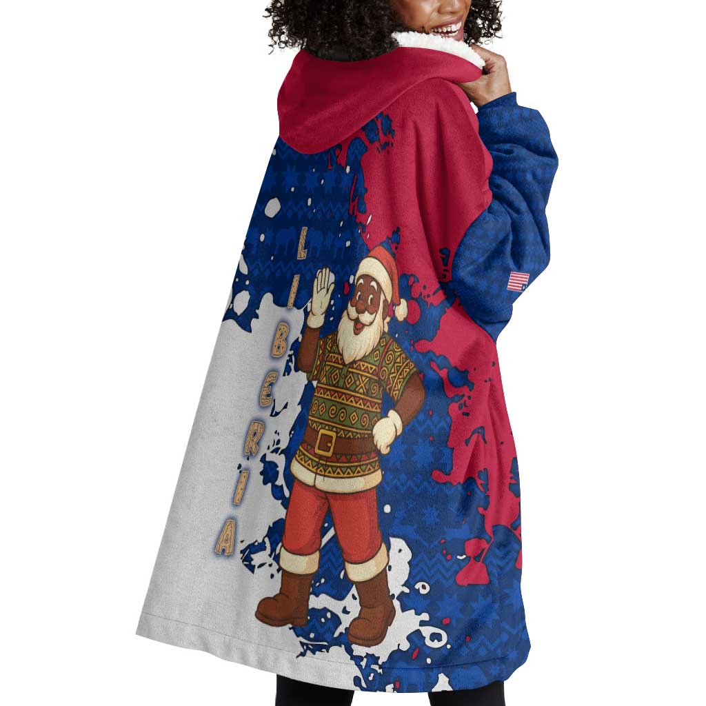Liberia Christmas Wearable Blanket Hoodie Santa Claus Map Graphic and Red Blue Festive - African Pride
