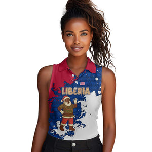 Liberia Christmas Women Sleeveless Polo Shirt Santa Claus Map Graphic and Red Blue Festive - African Pride