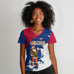 Liberia Christmas Women V-Neck T-Shirt Santa Claus Map Graphic and Red Blue Festive - African Pride