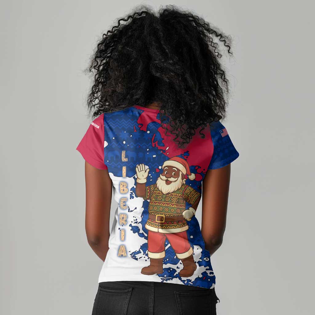 Liberia Christmas Women V-Neck T-Shirt Santa Claus Map Graphic and Red Blue Festive - African Pride