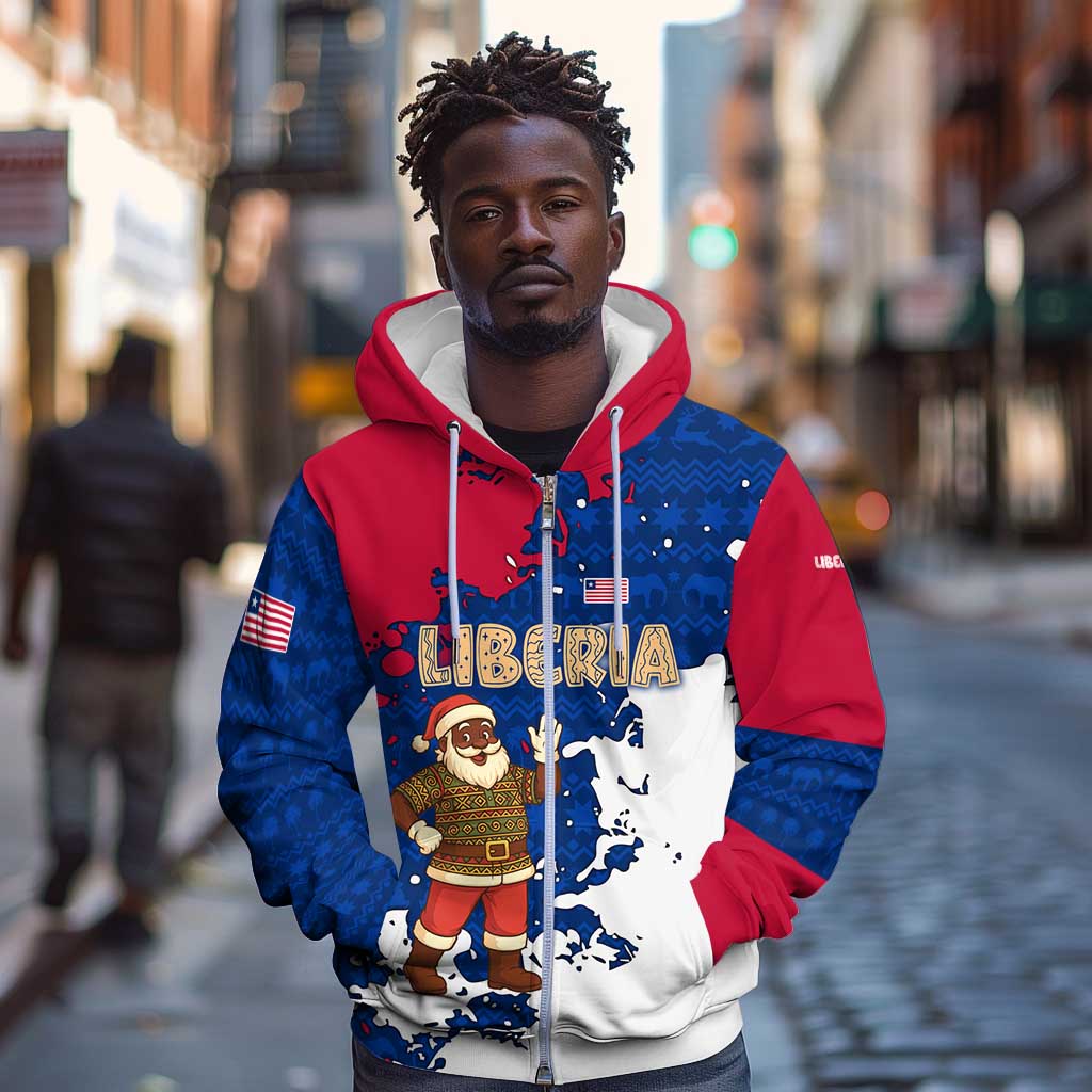 Liberia Christmas Zip Hoodie Santa Claus Map Graphic and Red Blue Festive - African Pride