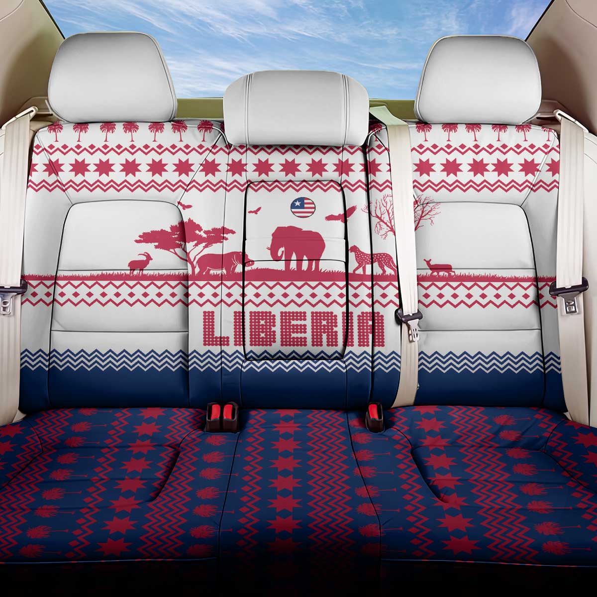 Liberia Christmas Back Car Seat Cover Red Wildlife Silhouettes and White Blue Holiday - African Pride