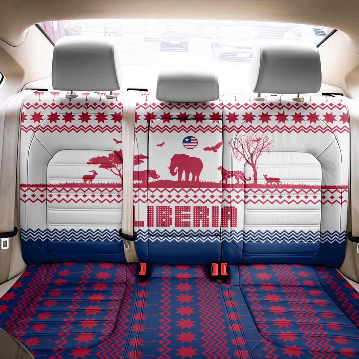 Liberia Christmas Back Car Seat Cover Red Wildlife Silhouettes and White Blue Holiday - African Pride