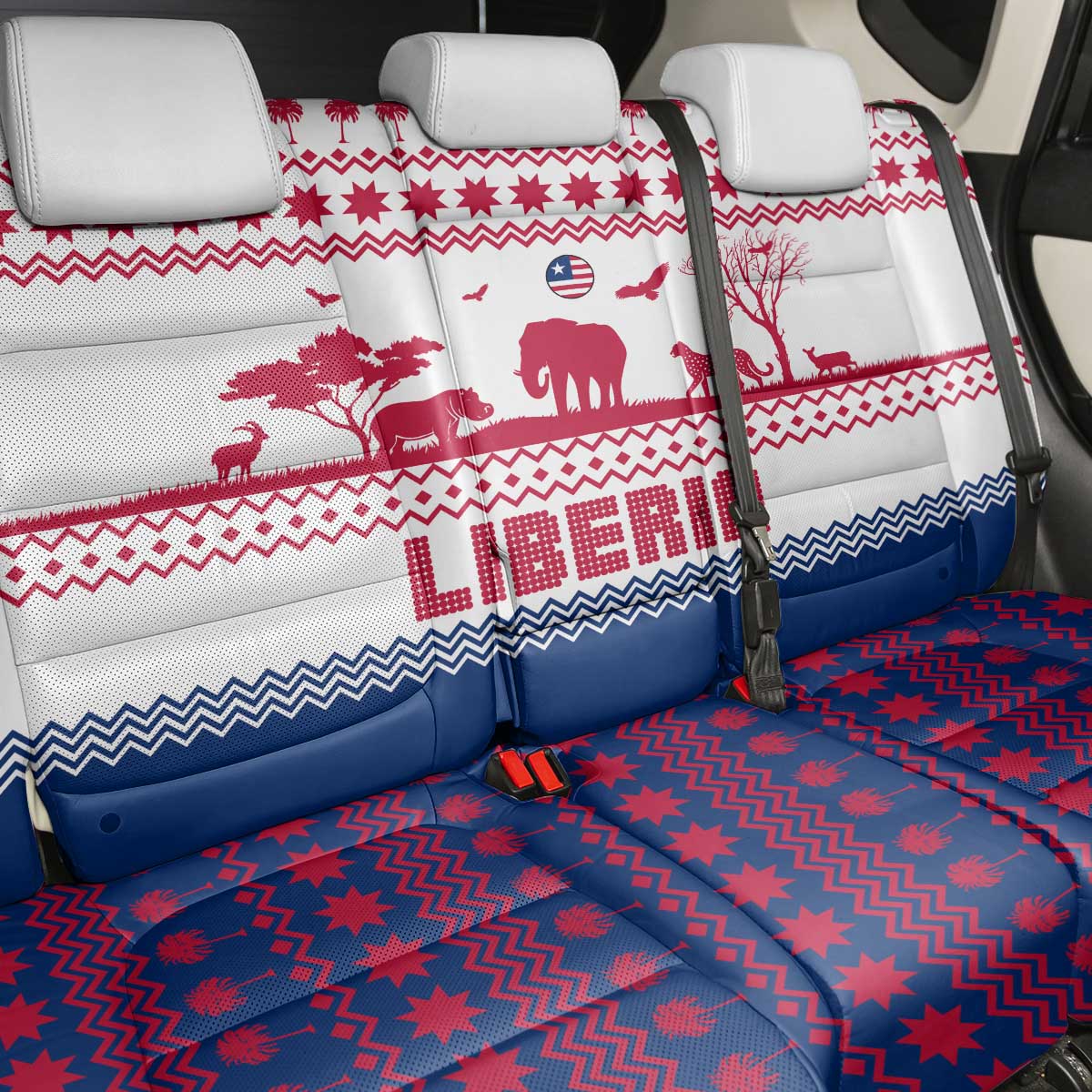 Liberia Christmas Back Car Seat Cover Red Wildlife Silhouettes and White Blue Holiday - African Pride