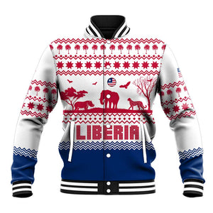 Liberia Christmas Baseball Jacket Red Wildlife Silhouettes and White Blue Holiday - African Pride