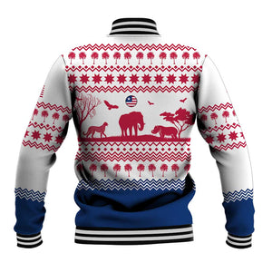 Liberia Christmas Baseball Jacket Red Wildlife Silhouettes and White Blue Holiday - African Pride
