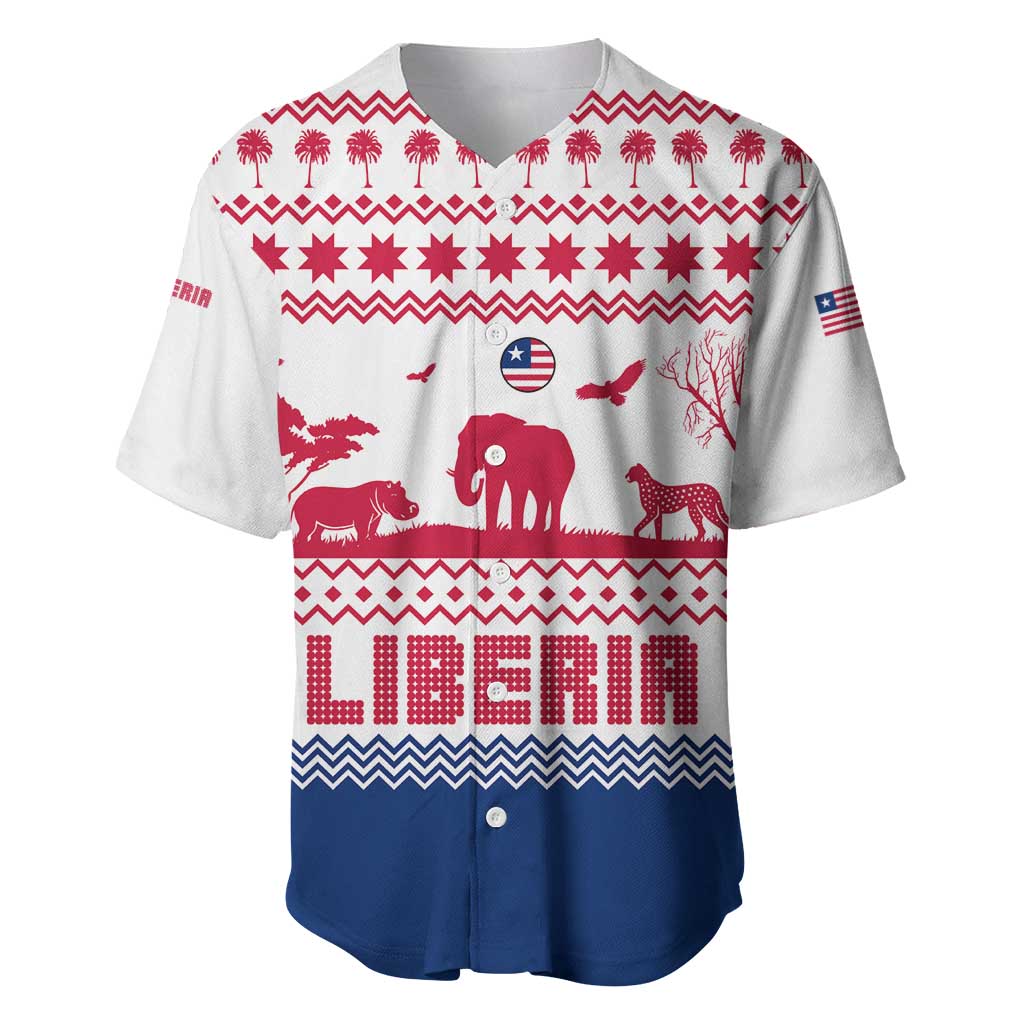 Liberia Christmas Baseball Jersey Red Wildlife Silhouettes and White Blue Holiday - African Pride