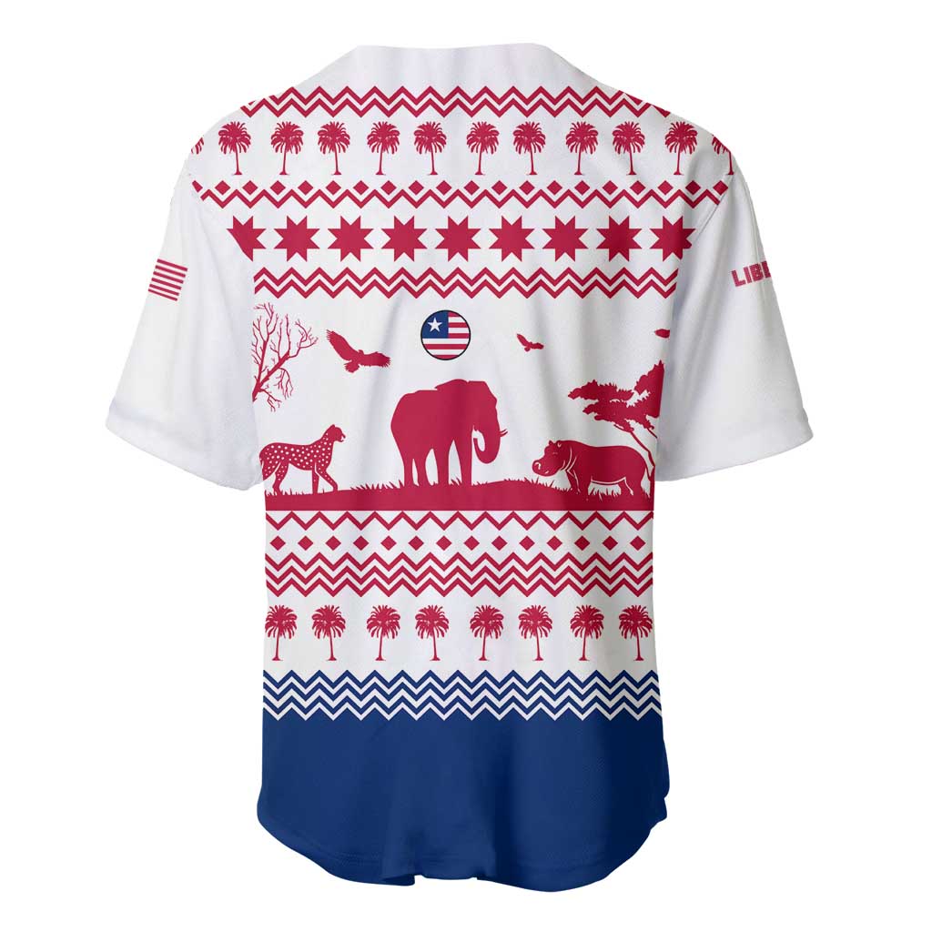 Liberia Christmas Baseball Jersey Red Wildlife Silhouettes and White Blue Holiday - African Pride