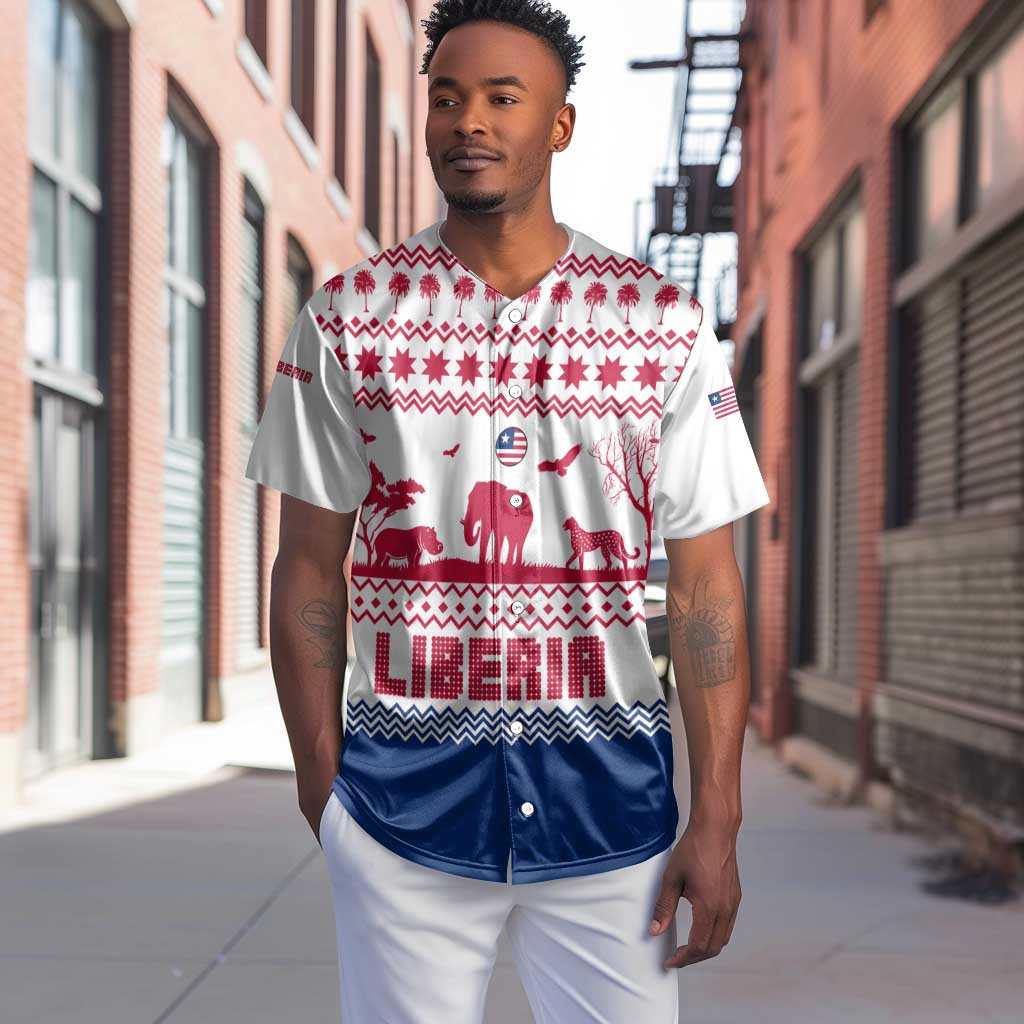 Liberia Christmas Baseball Jersey Red Wildlife Silhouettes and White Blue Holiday - African Pride