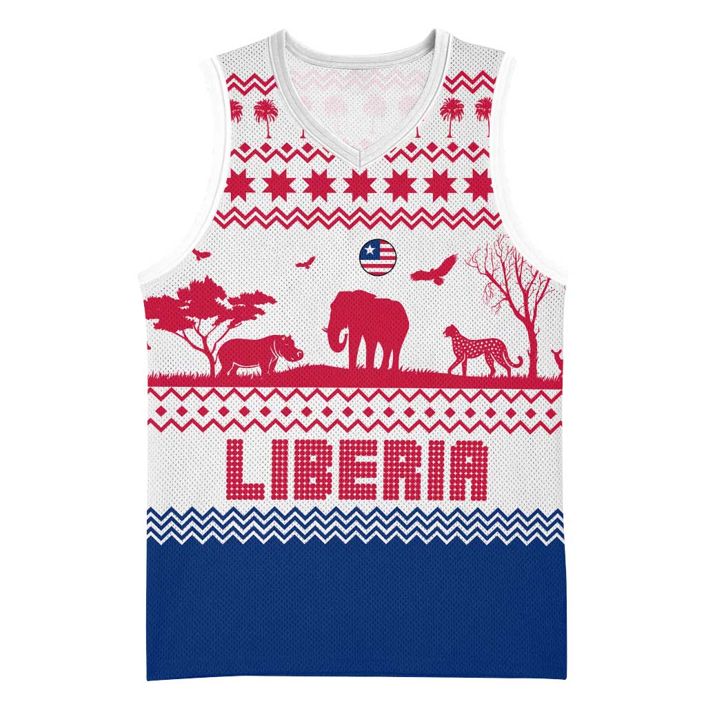 Liberia Christmas Basketball Jersey Red Wildlife Silhouettes and White Blue Holiday - African Pride