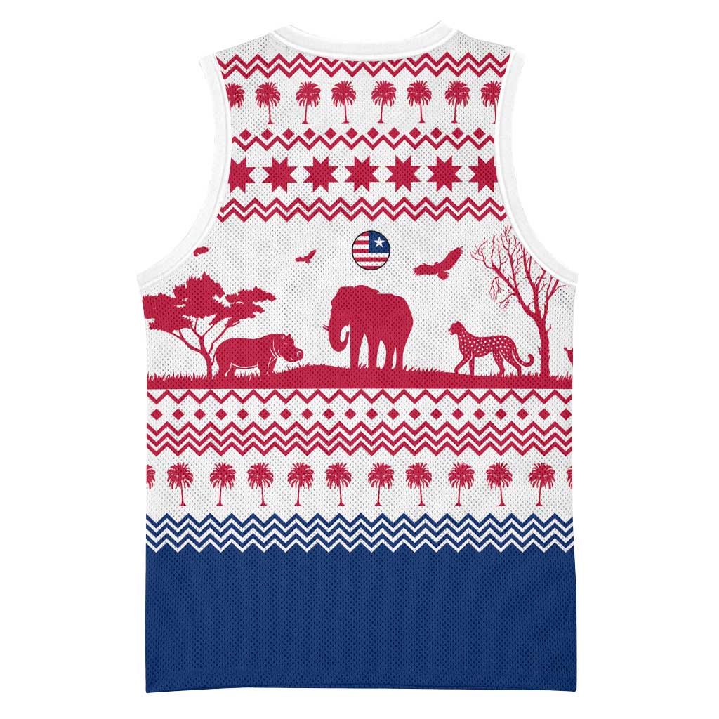 Liberia Christmas Basketball Jersey Red Wildlife Silhouettes and White Blue Holiday - African Pride