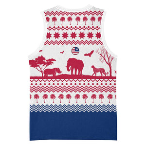 Liberia Christmas Basketball Jersey Red Wildlife Silhouettes and White Blue Holiday - African Pride