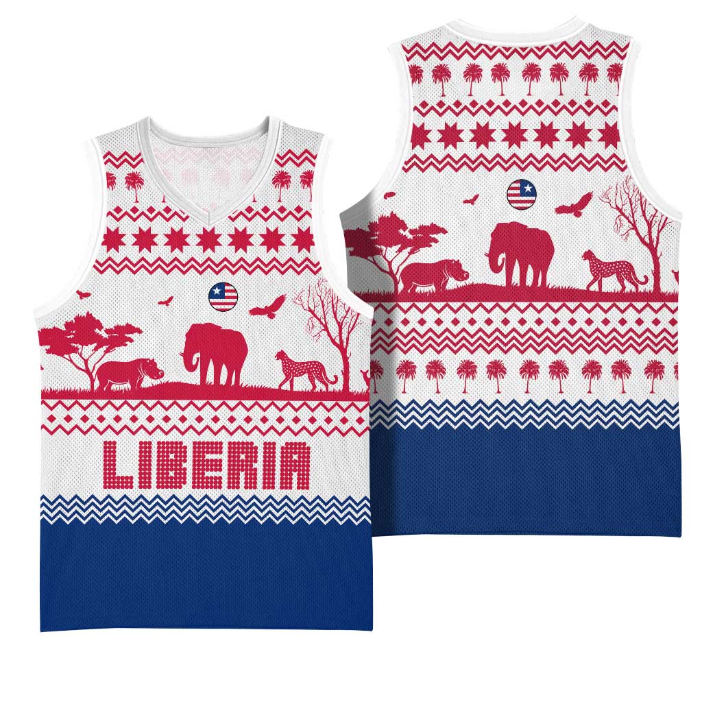 Liberia Christmas Basketball Jersey Red Wildlife Silhouettes and White Blue Holiday - African Pride
