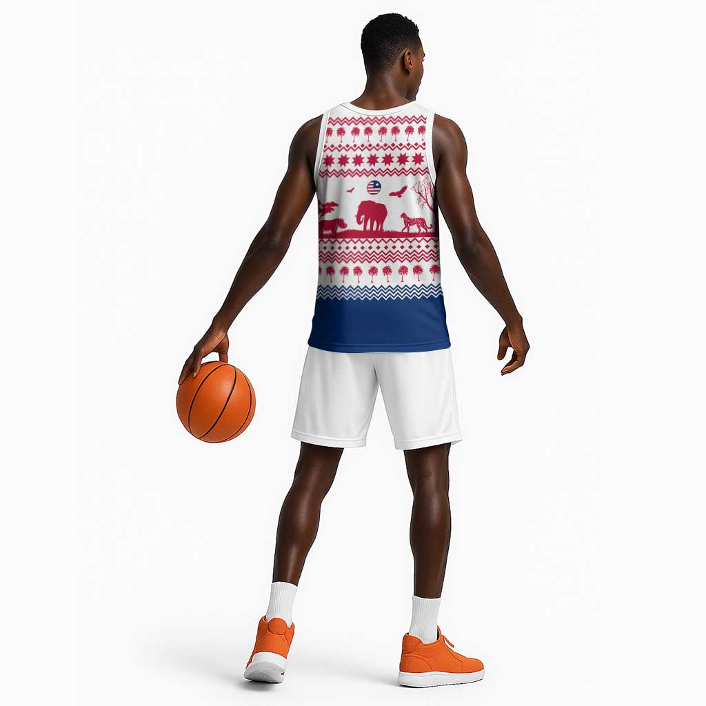 Liberia Christmas Basketball Jersey Red Wildlife Silhouettes and White Blue Holiday - African Pride