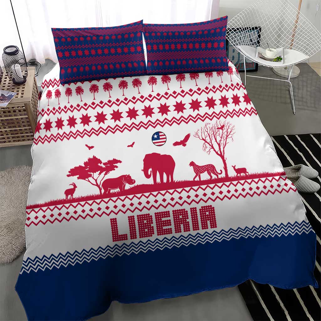 Liberia Christmas Bedding Set Red Wildlife Silhouettes and White Blue Holiday - African Pride
