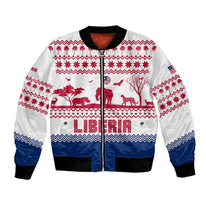 Liberia Christmas Bomber Jacket Red Wildlife Silhouettes and White Blue Holiday - African Pride