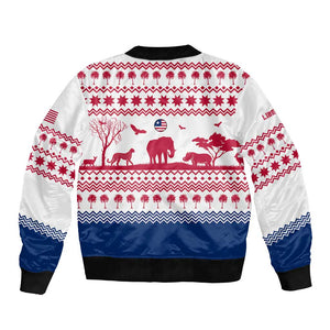 Liberia Christmas Bomber Jacket Red Wildlife Silhouettes and White Blue Holiday - African Pride