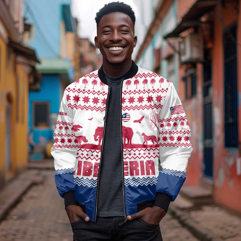 Liberia Christmas Bomber Jacket Red Wildlife Silhouettes and White Blue Holiday - African Pride