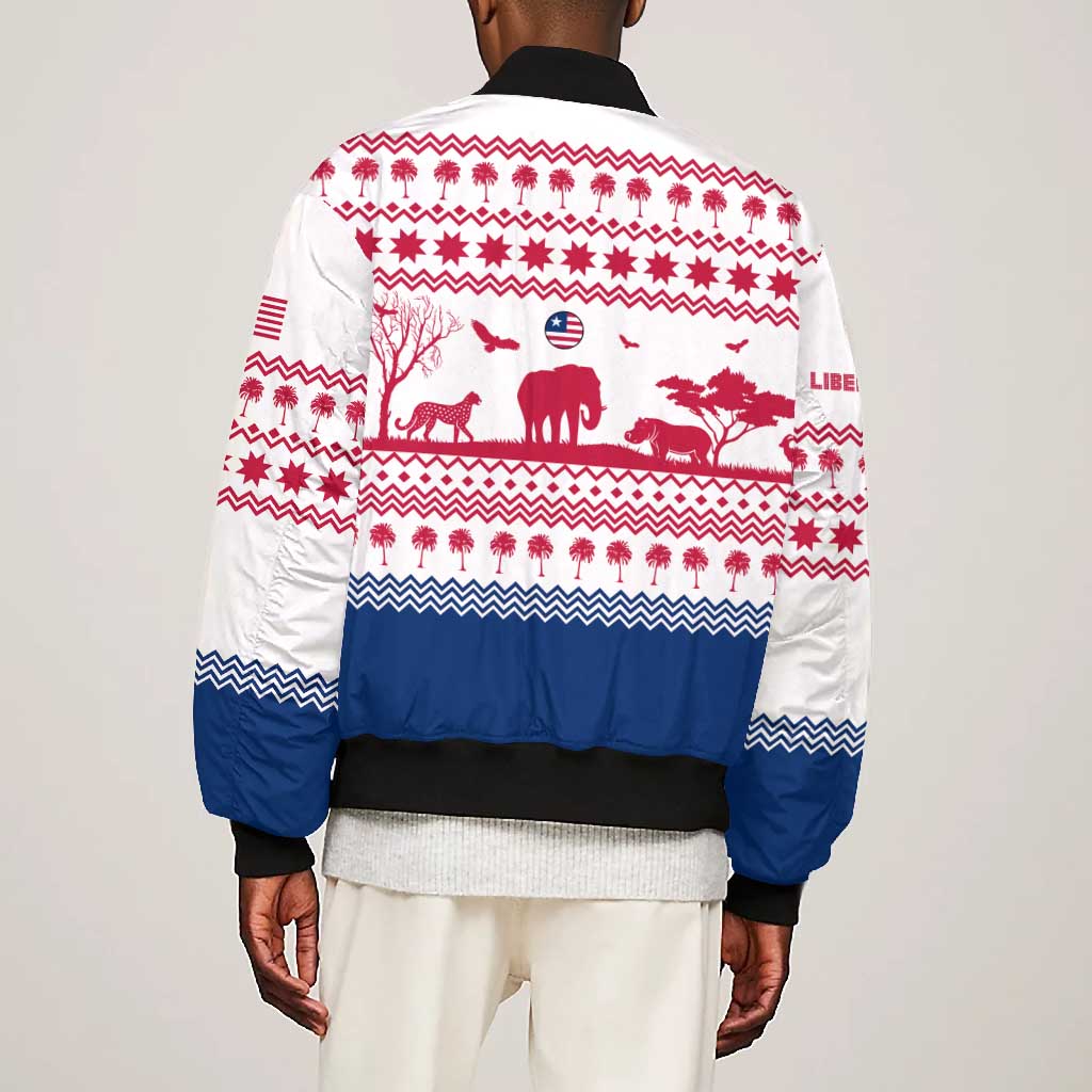 Liberia Christmas Bomber Jacket Red Wildlife Silhouettes and White Blue Holiday - African Pride