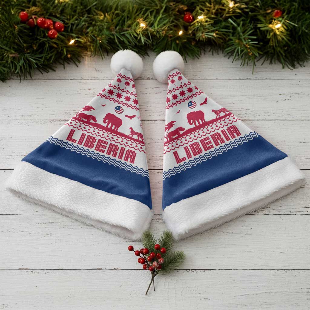 Liberia Christmas Santa Hat Red Wildlife Silhouettes and White Blue Holiday - African Pride