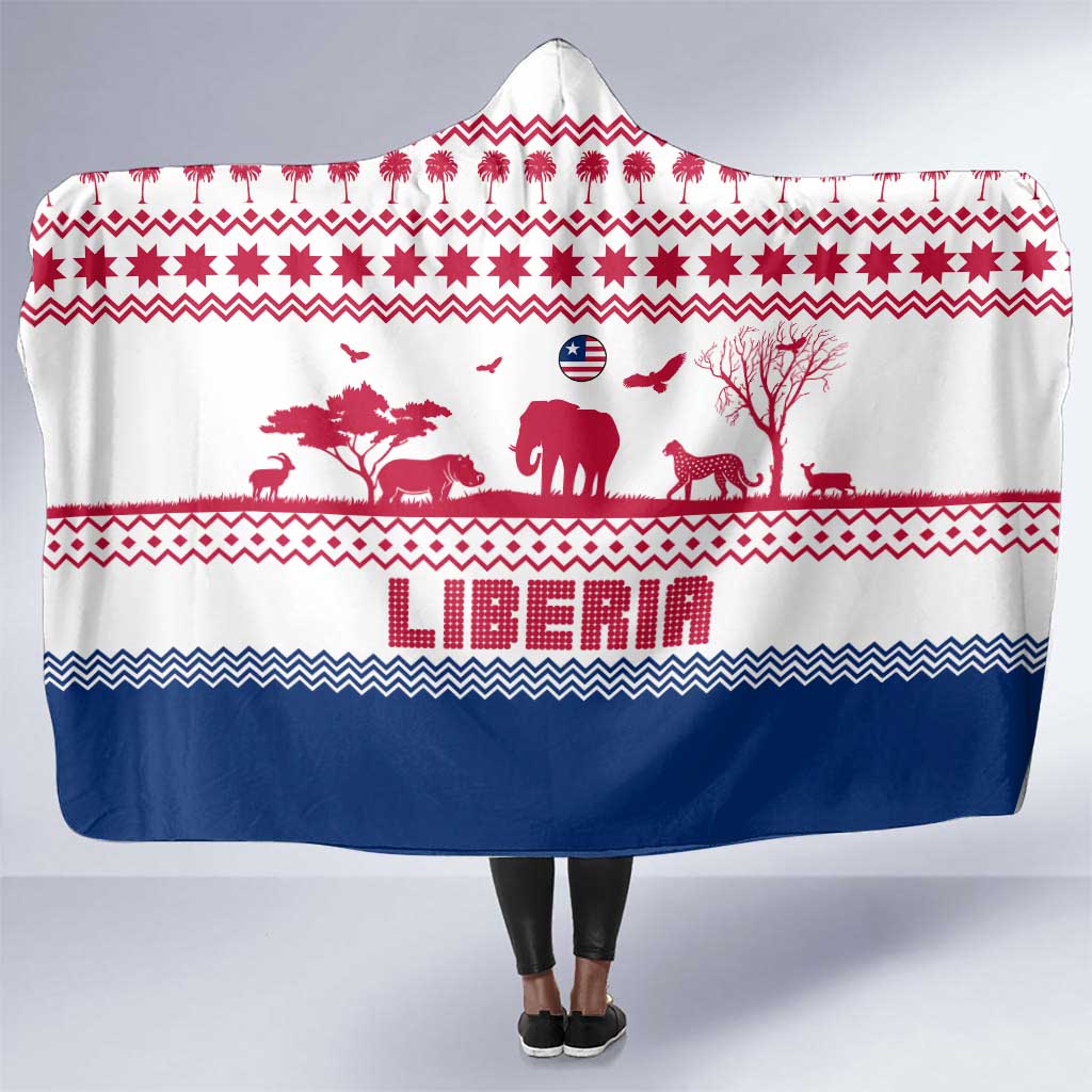 Liberia Christmas Hooded Blanket Red Wildlife Silhouettes and White Blue Holiday - African Pride