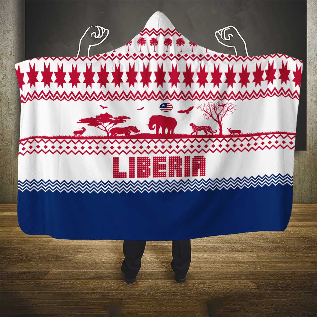 Liberia Christmas Hooded Blanket Red Wildlife Silhouettes and White Blue Holiday - African Pride