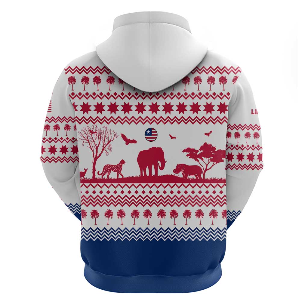 Liberia Christmas Hoodie Red Wildlife Silhouettes and White Blue Holiday - African Pride