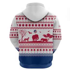Liberia Christmas Hoodie Red Wildlife Silhouettes and White Blue Holiday - African Pride
