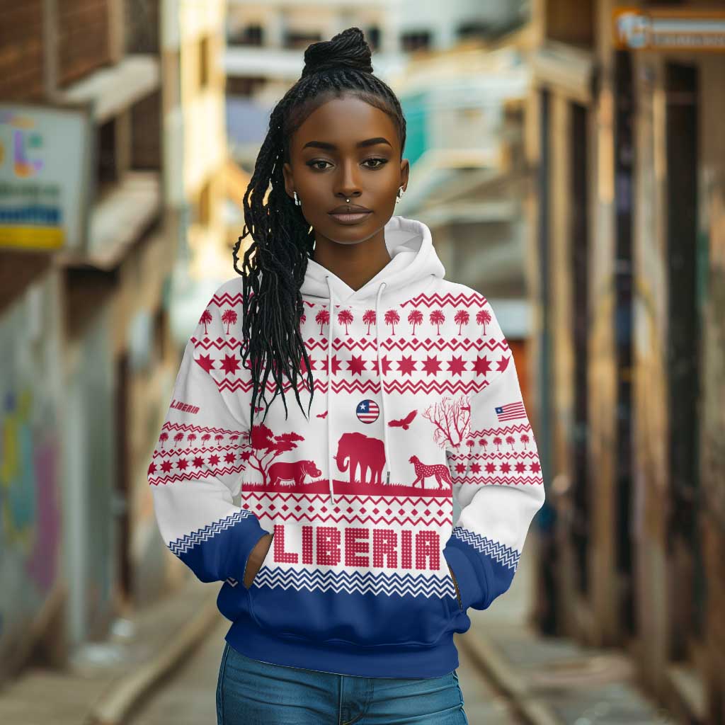 Liberia Christmas Hoodie Red Wildlife Silhouettes and White Blue Holiday - African Pride