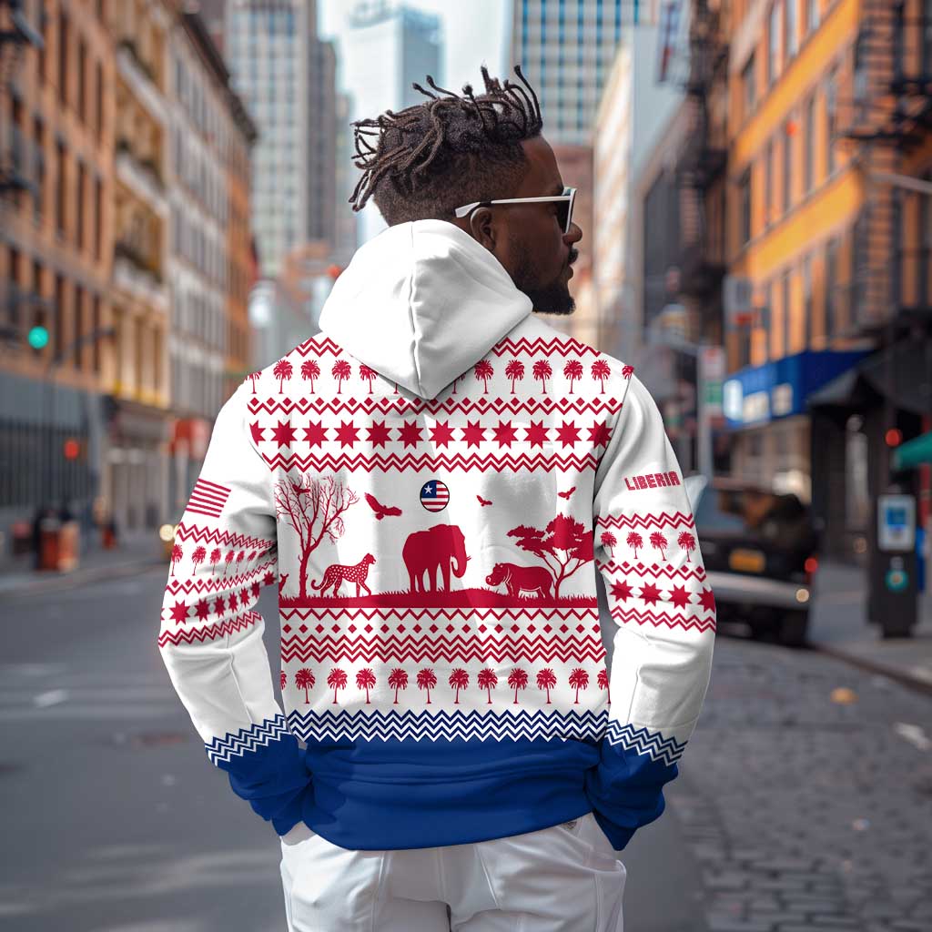 Liberia Christmas Hoodie Red Wildlife Silhouettes and White Blue Holiday - African Pride