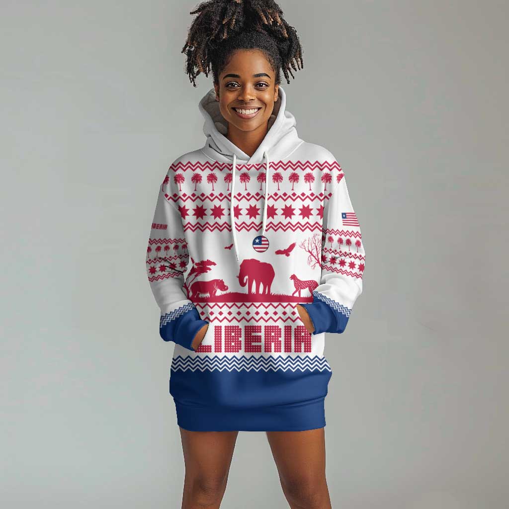 Liberia Christmas Hoodie Dress Red Wildlife Silhouettes and White Blue Holiday - African Pride