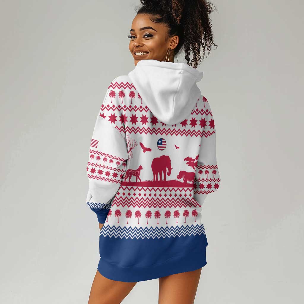 Liberia Christmas Hoodie Dress Red Wildlife Silhouettes and White Blue Holiday - African Pride
