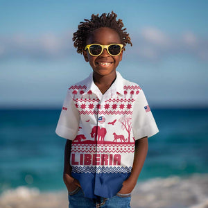 Liberia Christmas Kid Hawaiian Shirt Red Wildlife Silhouettes and White Blue Holiday - African Pride
