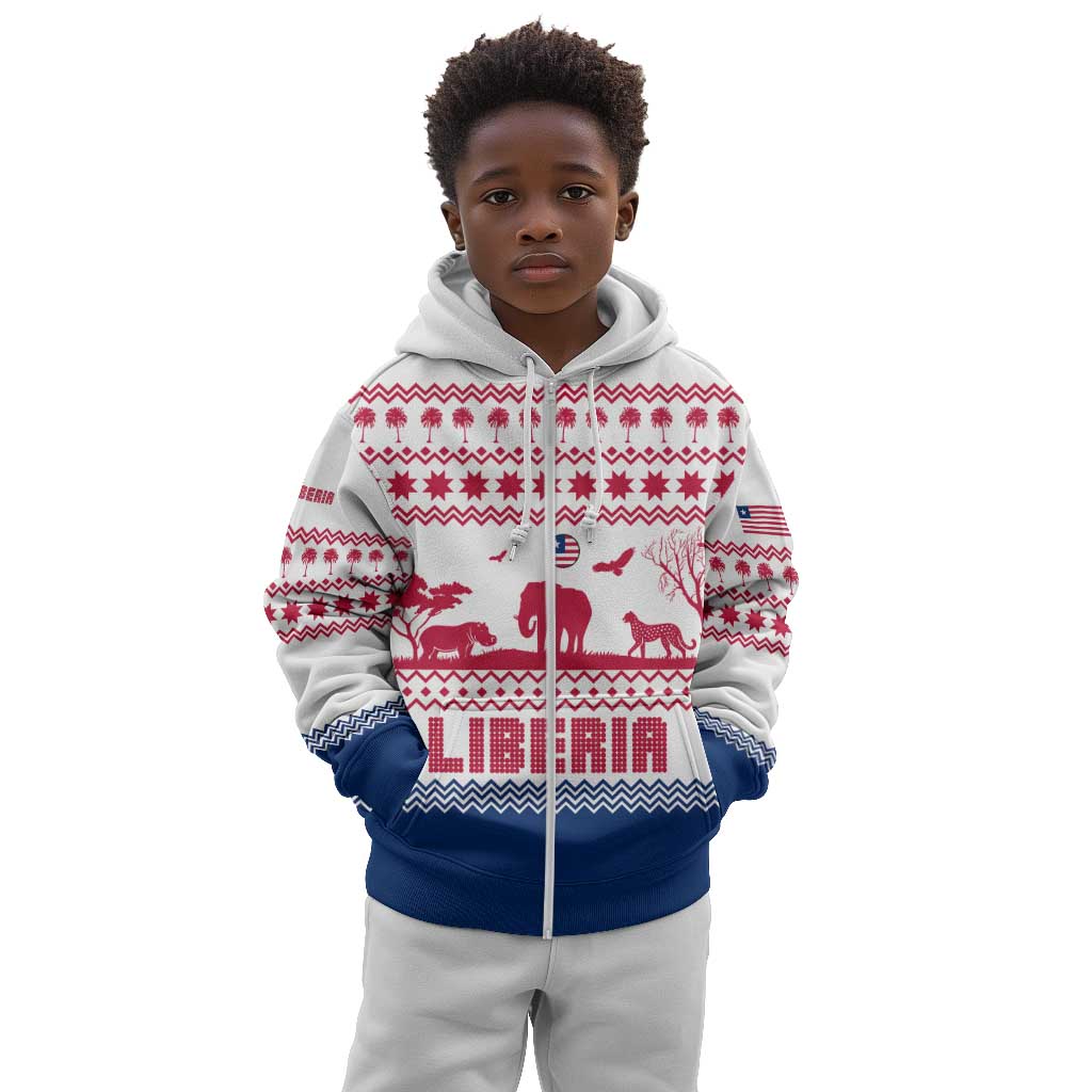 Liberia Christmas Kid Hoodie Red Wildlife Silhouettes and White Blue Holiday - African Pride