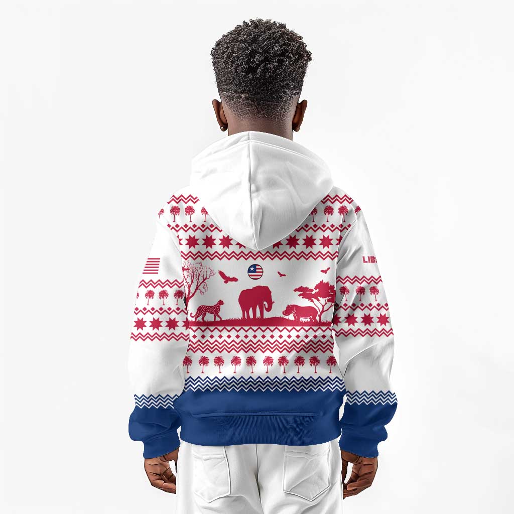 Liberia Christmas Kid Hoodie Red Wildlife Silhouettes and White Blue Holiday - African Pride