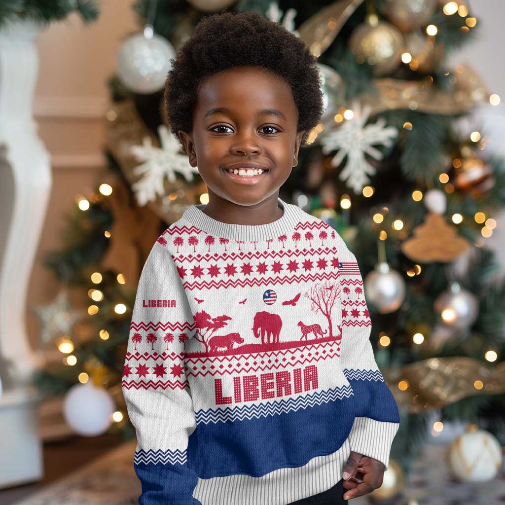 Liberia Christmas Kid Ugly Christmas Sweater Red Wildlife Silhouettes and White Blue Holiday - African Pride