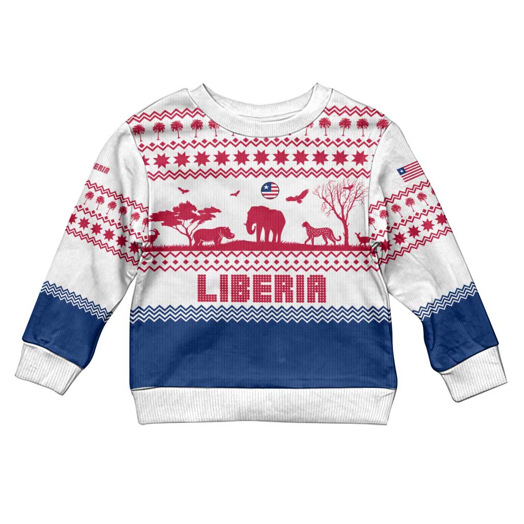 Liberia Christmas Kid Ugly Christmas Sweater Red Wildlife Silhouettes and White Blue Holiday - African Pride
