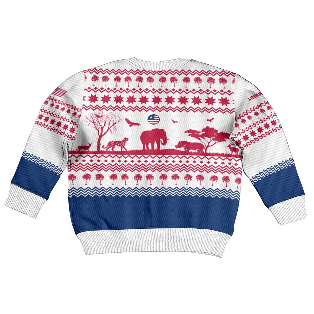 Liberia Christmas Kid Ugly Christmas Sweater Red Wildlife Silhouettes and White Blue Holiday - African Pride