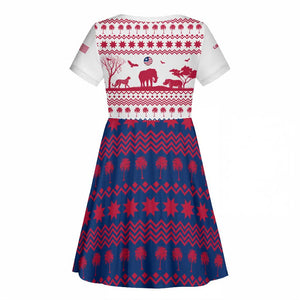 Liberia Christmas Kid Short Sleeve Dress Red Wildlife Silhouettes and White Blue Holiday - African Pride