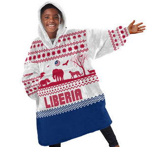 Liberia Christmas Kid Wearable Blanket Hoodie Red Wildlife Silhouettes and White Blue Holiday - African Pride