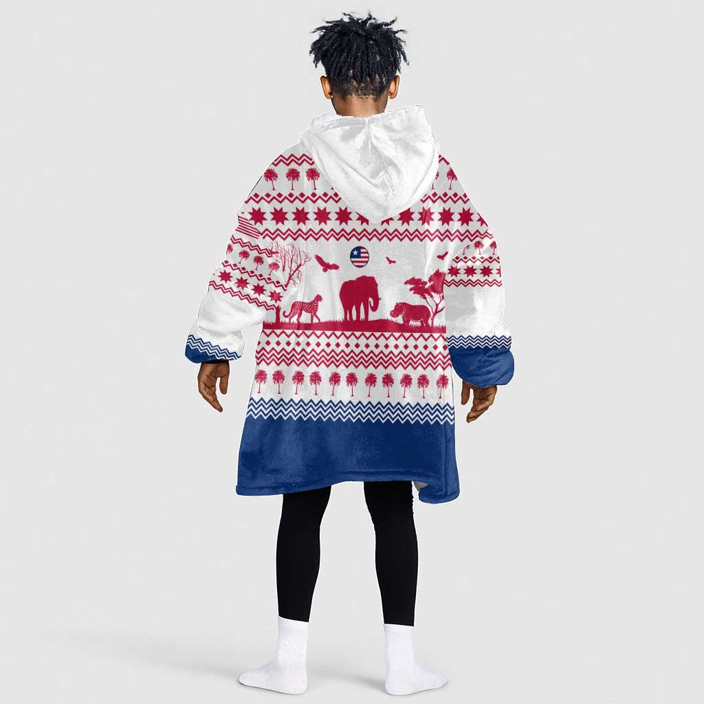 Liberia Christmas Kid Wearable Blanket Hoodie Red Wildlife Silhouettes and White Blue Holiday - African Pride